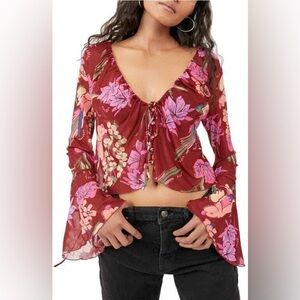 Free People Of Paradise Floral Bird Split Front Bell Sleeve Sheer Top Sz Med NEW